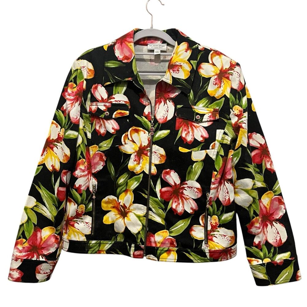 St John Sport Jacket Women Size L Zip Front Tropical Floral Print Old Money Vibe